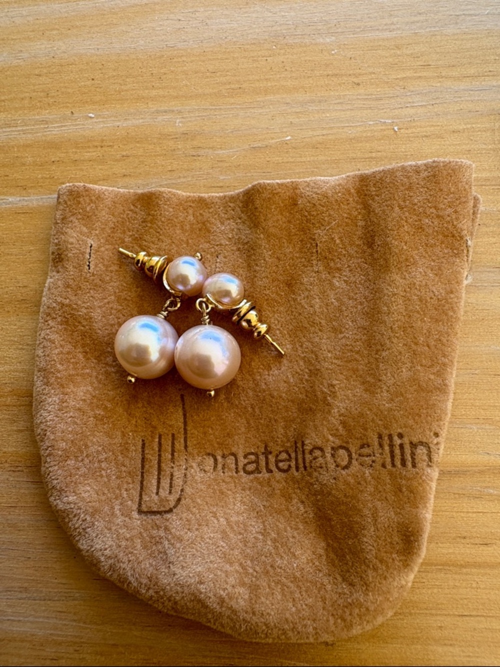 Gold and Peach Pearl Drop Earrings - Tonatella Bellini